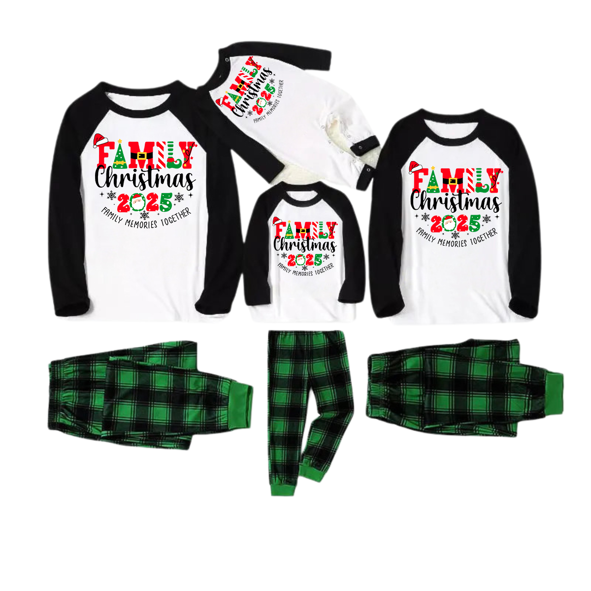 "Family Christmas 2025 Making Memories Together" Cute Christmas Elements Printed Green and Black Plaid Christmas Family Pajamas