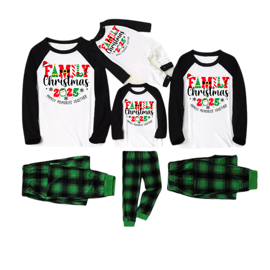"Family Christmas 2025 Making Memories Together" Cute Christmas Elements Printed Green and Black Plaid Christmas Family Pajamas