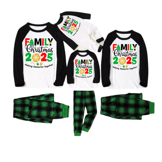 "Family Christmas 2025 Making Memories Together" Printed Green and Black Plaid Christmas Family Pajamas