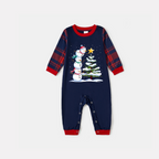 Navy & Red Plaid Christmas Pajamas Set with Snowman & Christmas Tree Print