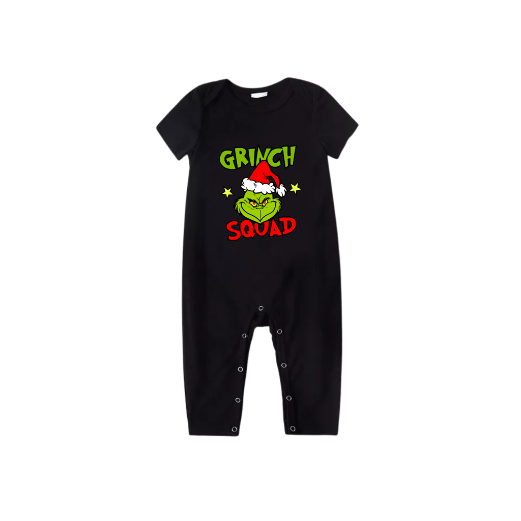 Grinch Squad Family Pajamas Set - Black Top Red Pants Red Plaid Sleeves Grinch Face with Santa Hat Print