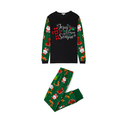 Matching Family Christmas Pajamas  Jesus Is the Reason, Green Santa Print