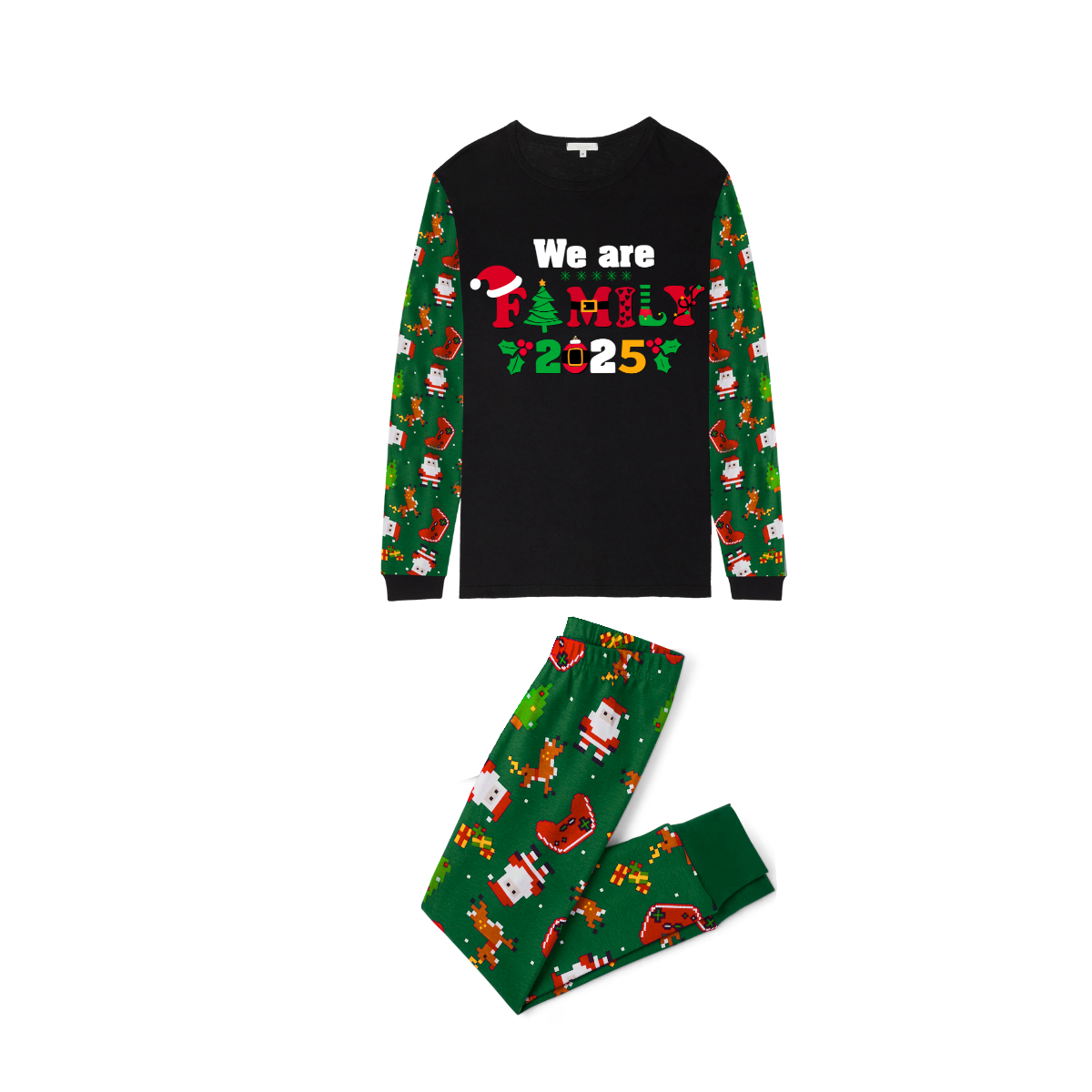 We Are Family Christmas 2025 Family Pajamas Set - Black Top, Green Pants, Green Christmas Cartoon Sleeves