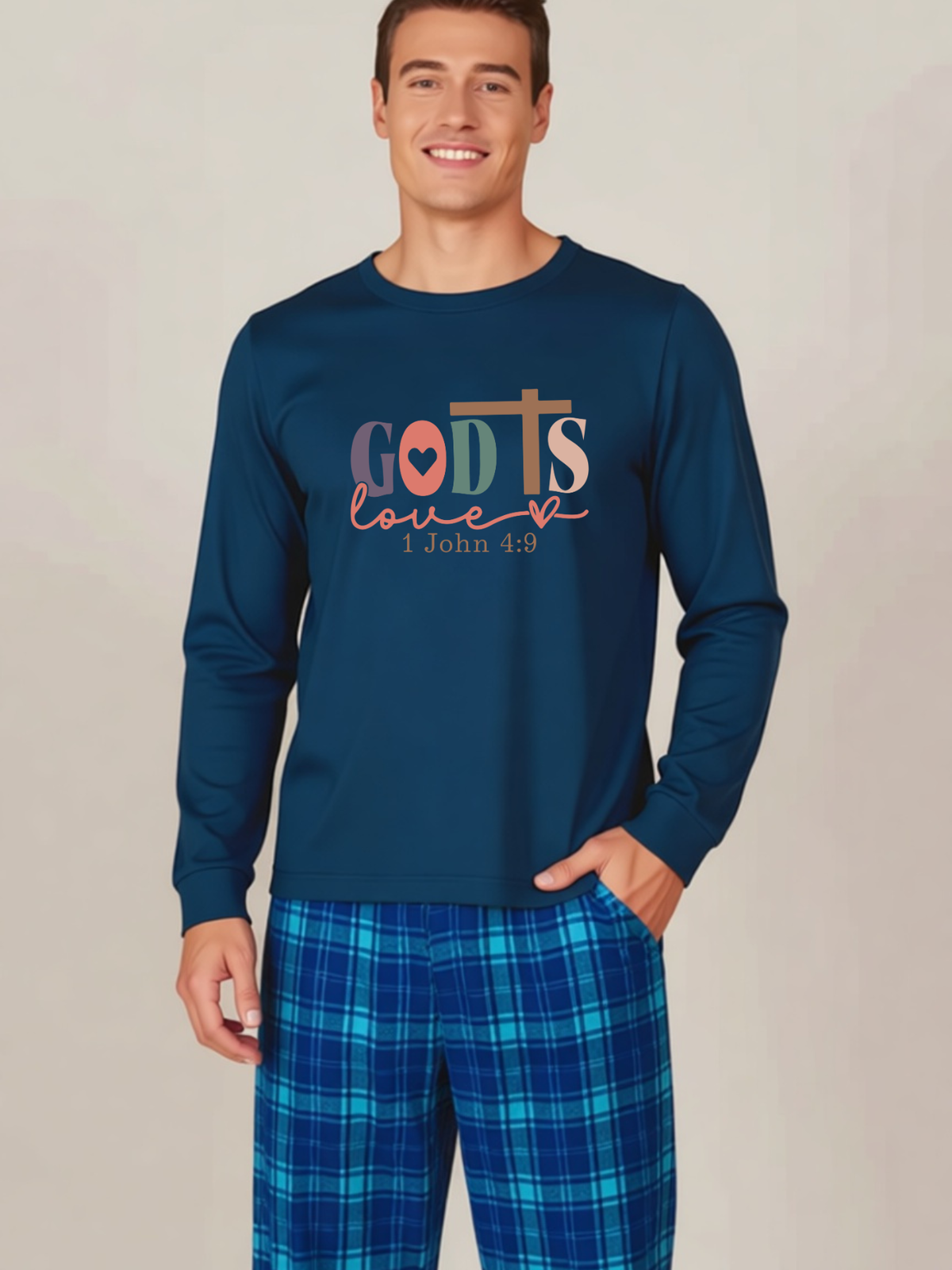 She is strong PROVERBS 31:25 Letter Printed Blue Long Sleeve Top And Blue Plaid Pants Family Matching Pajamas Set