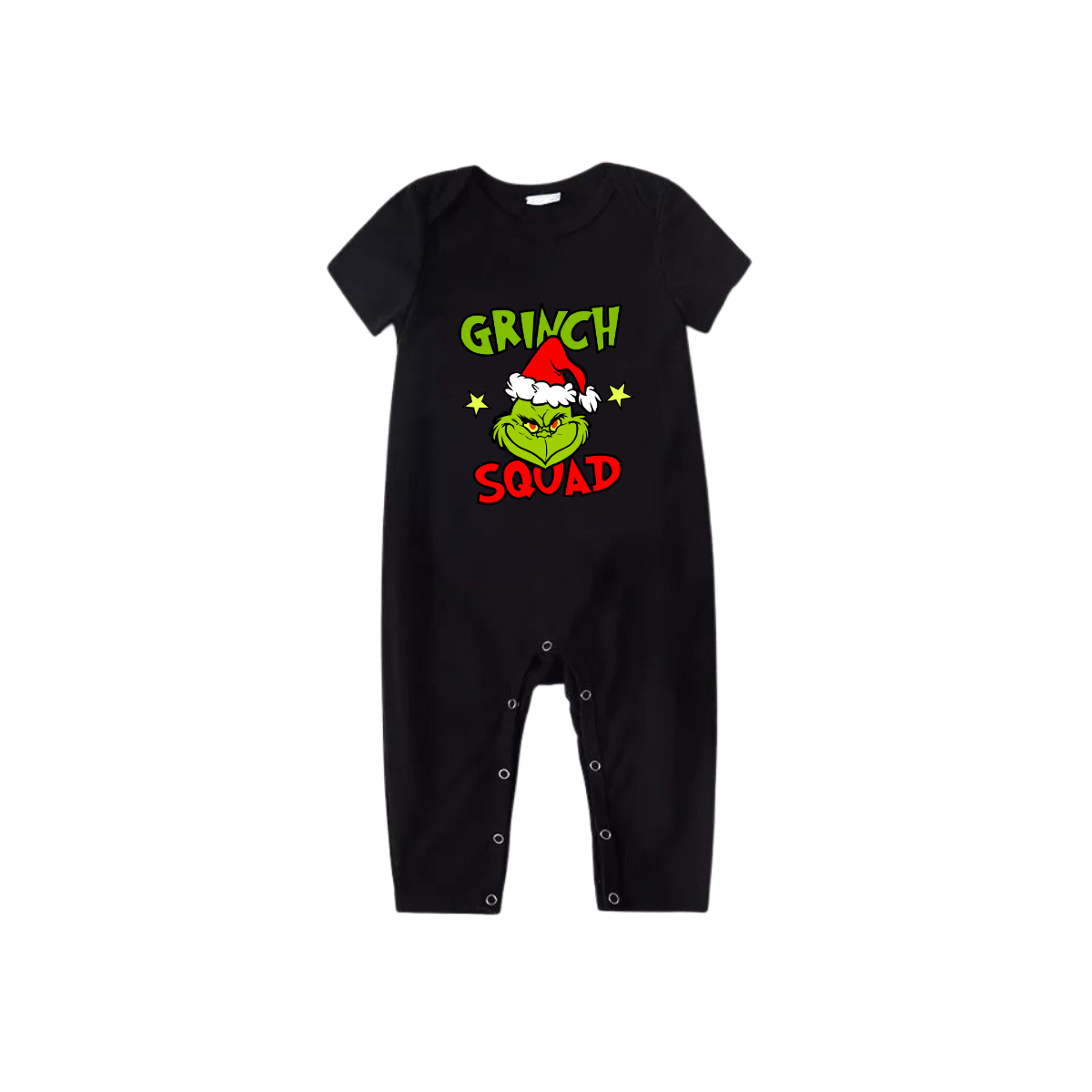 Grinch Squad Family Pajamas Set - Black Top Red Pants Red Plaid Sleeves Grinch Face with Santa Hat Print