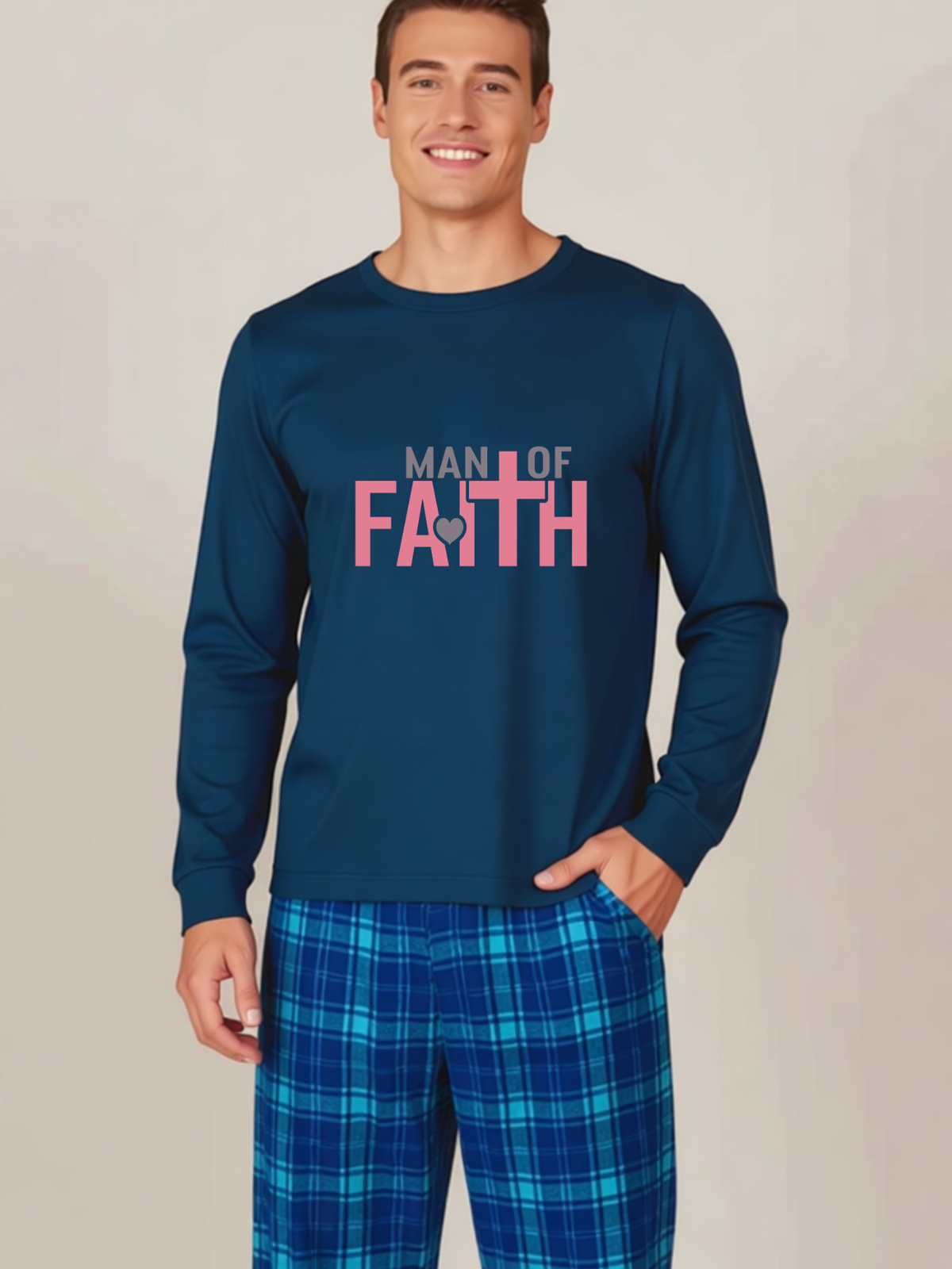 Man Of Faith Pink Letter Printed Blue Plaid Pajamas Set-Matching Holiday Sleepwear