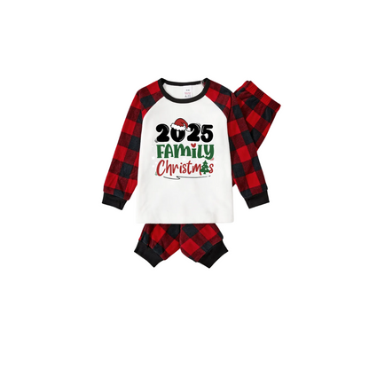 Merry Christmas 2025 Family Pajamas Set - White Top, Red & Black Plaid Pants, Red & Black Plaid Sleeves, Santa Hat & Christmas Tree Print