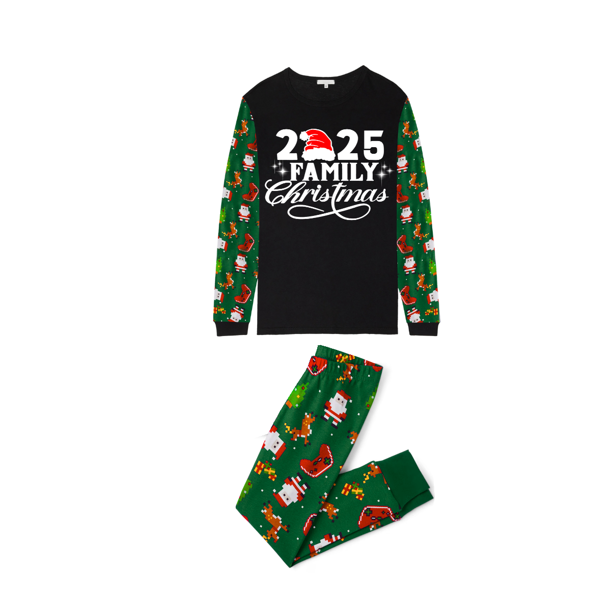 Christmas 2025 Santa Family Matching Family Pajamas Set - Black Top, Green Pants, Santa Print Pattern