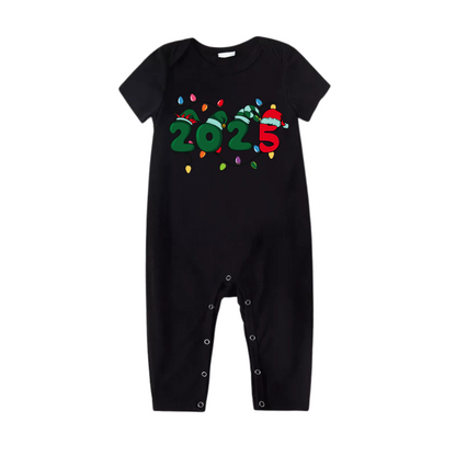 Christmas "2025" Letter Print Black Short Sleeve with Red & Black Plaid Pant Family Matching Pajamas