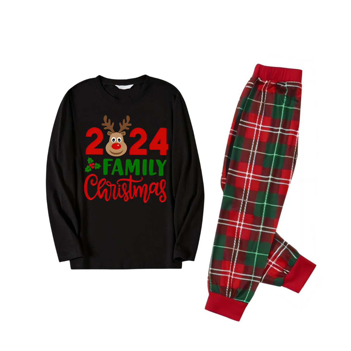 "Family Christmas 2024" Text and Deer Printed Red and Green Plaid Family Matching Pajamas