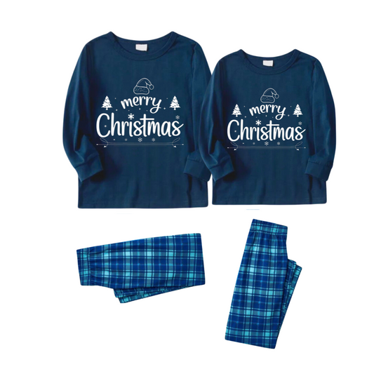"Merry Christmas" White Letter 2025 Blue Long Sleeve Top With Blue Plaid Couple Matching Pajamas