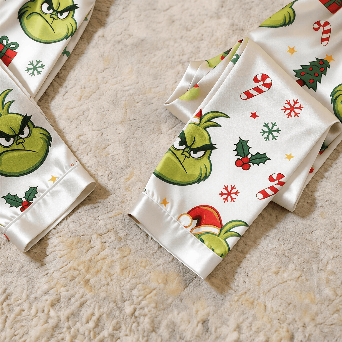 Angry Green Face & Holiday Icon Print Satin Button-Up Family Christmas Pajamas Set