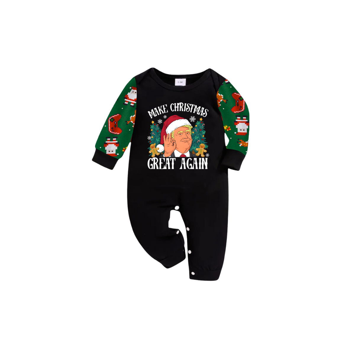 Christmas Cartoon Trump Make Christmas Great Again Family Pajamas Set - Black Top, Green Pants, Santa Pattern
