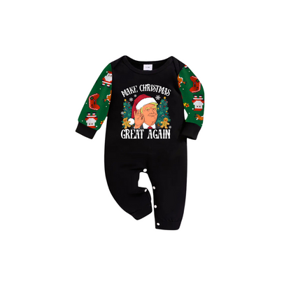 Christmas Cartoon Trump Make Christmas Great Again Family Pajamas Set - Black Top, Green Pants, Santa Pattern