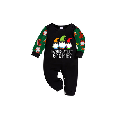 Hanging With My Gnomies Christmas 2025 Family Pajamas Set - Black Top, Green Pants, Green Christmas Cartoon Sleeves