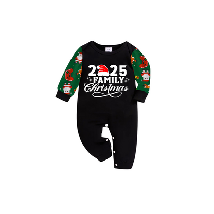 Christmas 2025 Santa Family Matching Family Pajamas Set - Black Top, Green Pants, Santa Print Pattern