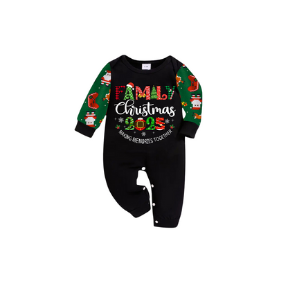 Family Christmas 2025 Making Memories Family Pajamas Set - Black Top, Green Pants, Green Christmas Cartoon Sleeves