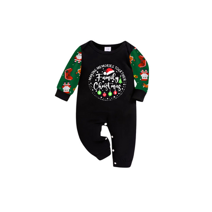 Making Memories Together Family Christmas 2025 Family Pajamas Set - Black Top, Green Pants, Green Christmas Cartoon Sleeves