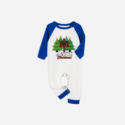 Jesus Christmas Family Matching Pajamas Set - White Top with Blue Sleeves and Blue Plaid Pants