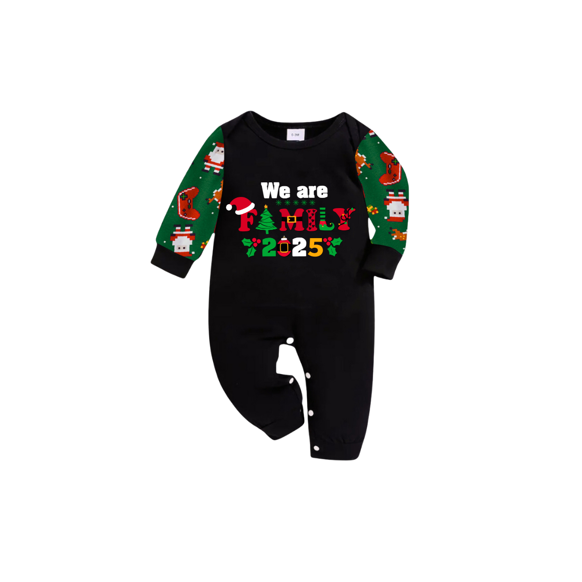 We Are Family Christmas 2025 Family Pajamas Set - Black Top, Green Pants, Green Christmas Cartoon Sleeves
