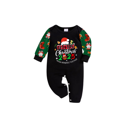 Merry Christmas 2025 Making Memories Family Pajamas Set - Black Top, Green Pants, Christmas Cartoon Sleeves, Santa & Gingerbread Print