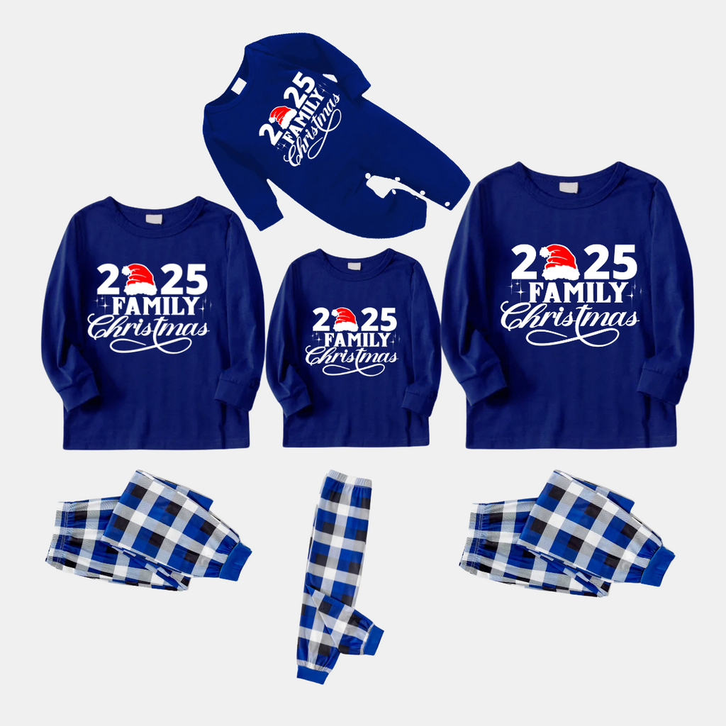 "2025 Family Christmas" Text and Santa Hat Printed Blue and White Plaid Family Matching Pajamas