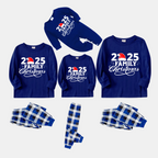 "2025 Family Christmas" Text and Santa Hat Printed Blue and White Plaid Family Matching Pajamas