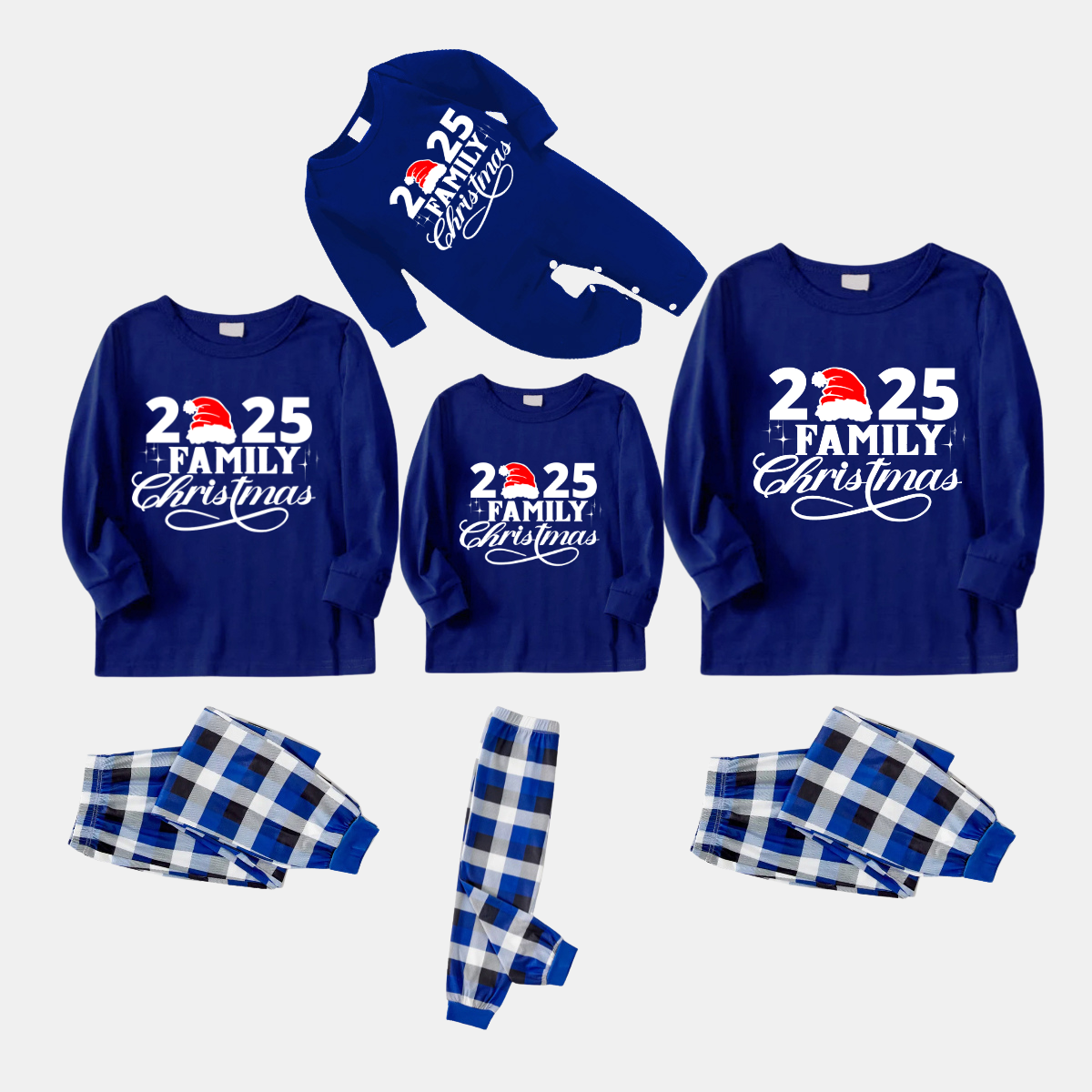 "2025 Family Christmas" Text and Santa Hat Printed Blue and White Plaid Family Matching Pajamas