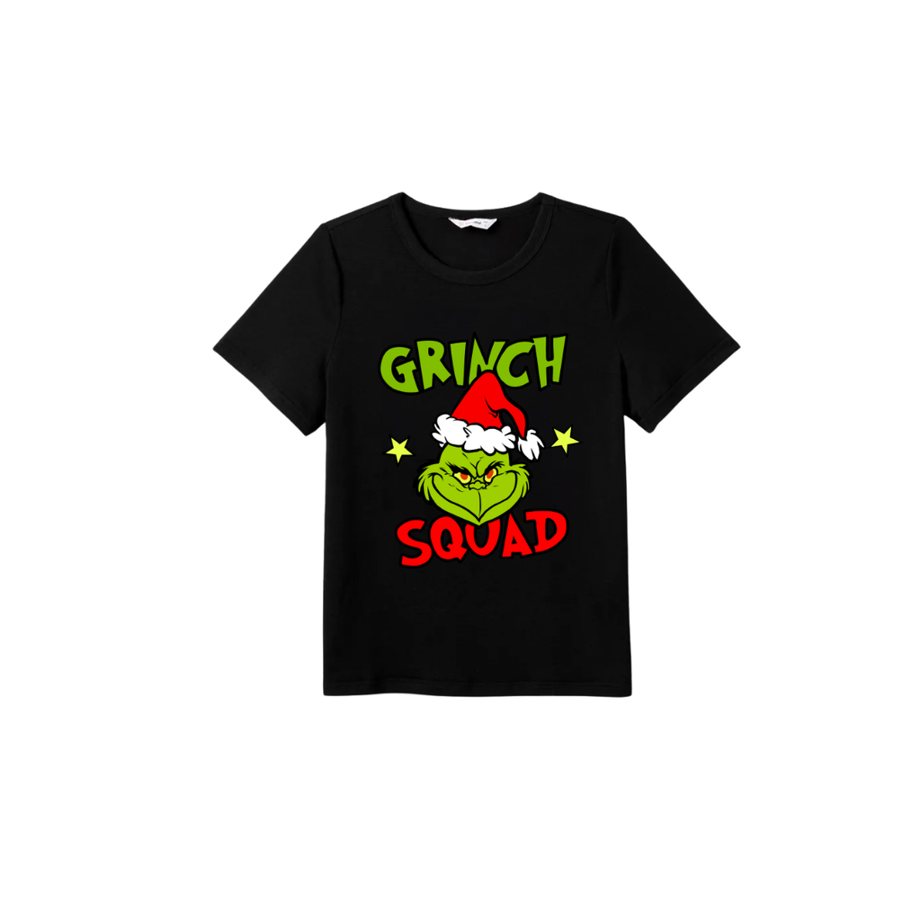 Grinch Squad Family Pajamas Set - Black Top Red Pants Red Plaid Sleeves Grinch Face with Santa Hat Print
