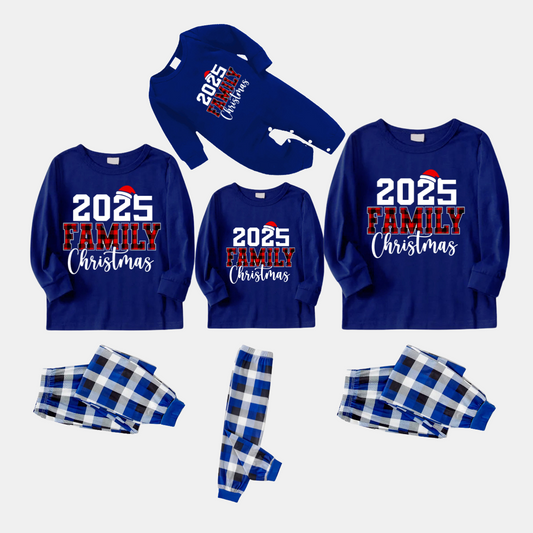 "2025 Family Christmas" Text Printed  Blue and White Plaid Family Matching Pajamas