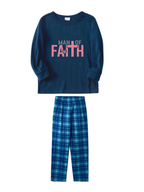 Man Of Faith Pink Letter Printed Blue Plaid Pajamas Set-Matching Holiday Sleepwear