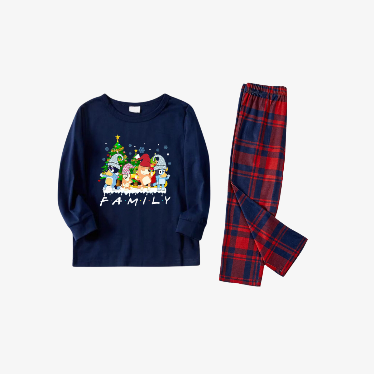Bluey Character "Family" Design Navy Blue and Red Plaid Pants Family Matching Pajama Set