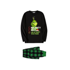 Cute Cartoon Pattern and Slogan Text Printed Black and Green Plaid Christmas Matching Pajamas