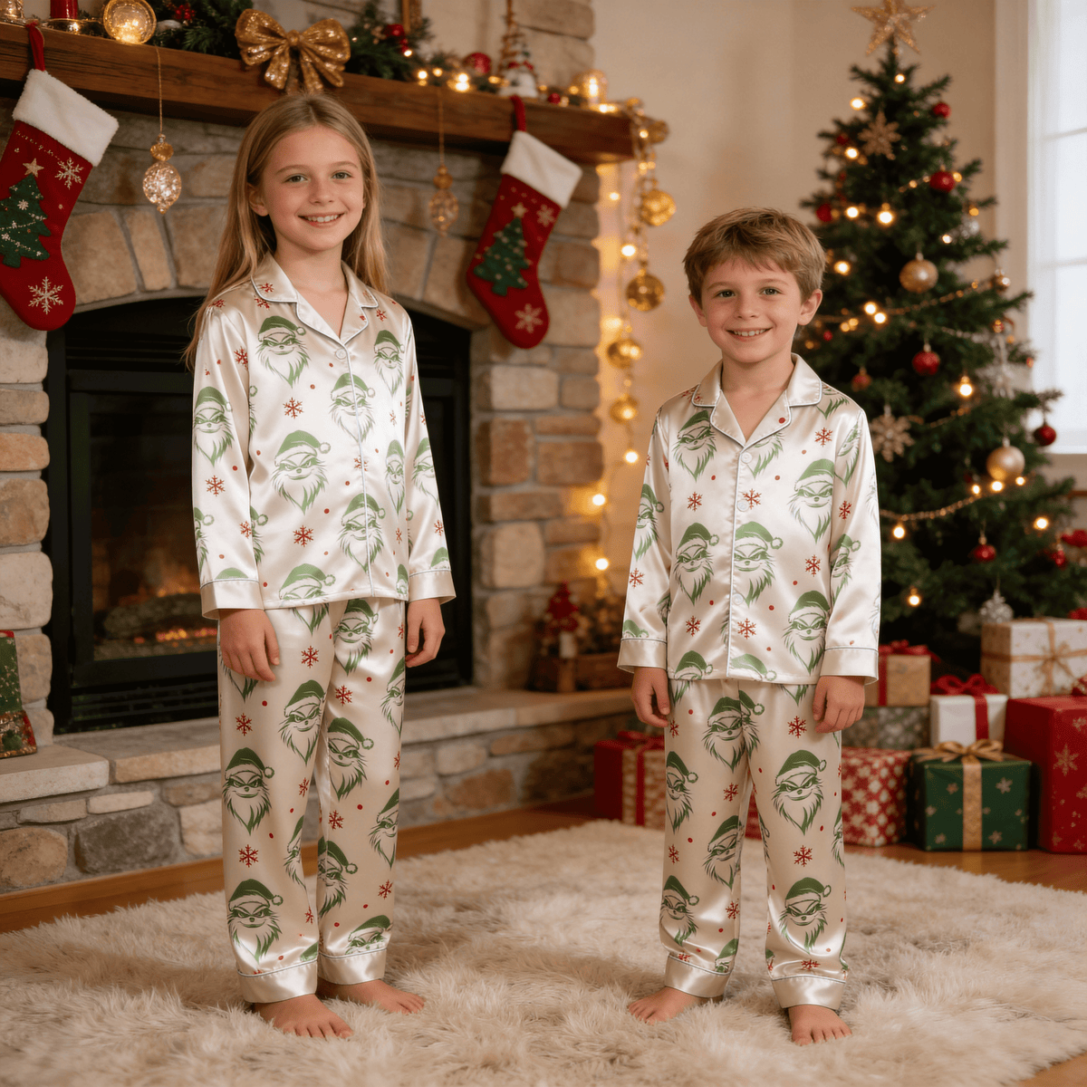 Green Bearded Face & Snowflake Print Satin Button-Up Family Christmas Pajamas Set