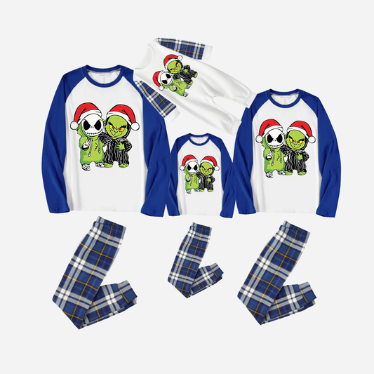 Blue Raglan Top Blue Plaid Christmas Pajamas Set With Grinch and Cartoon Pattern Print