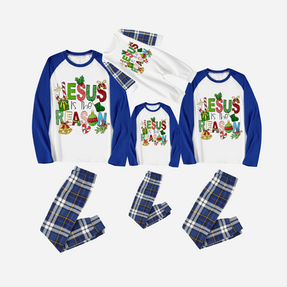 Christmas Cartoon Family Christmas Pajamas Set - White Top with Blue Sleeves and Blue Plaid Pants and “Jesus is the Reason” Design