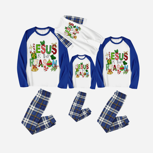 Christmas Cartoon Family Christmas Pajamas Set - White Top with Blue Sleeves and Blue Plaid Pants and “Jesus is the Reason” Design