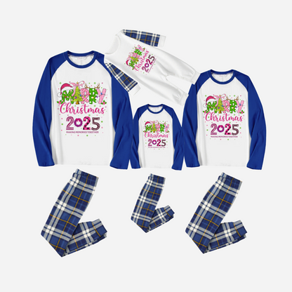 Merry Christmas 2025 Family Christmas Pajamas Set - White Top with Blue Sleeves and Blue Plaid Pants