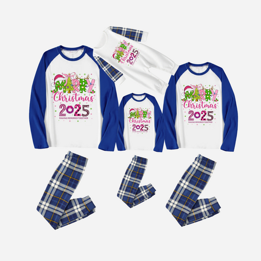 Merry Christmas 2025 Family Christmas Pajamas Set - White Top with Blue Sleeves and Blue Plaid Pants