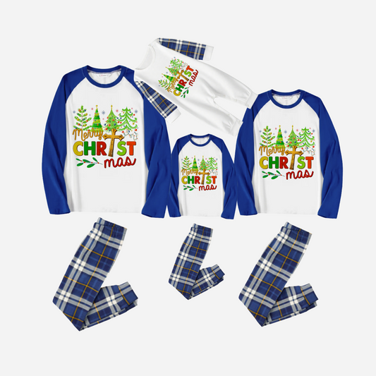 Merry Christmas Tree Family Pajamas Set - White Top Blue Sleeves Blue Plaid Pants Multicolor Text Graphic
