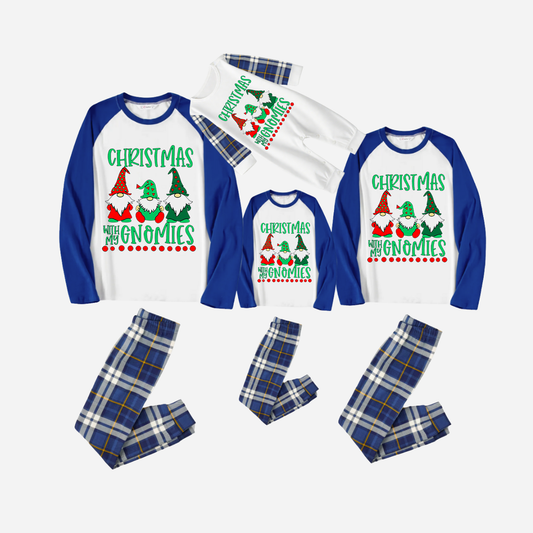 Blue Raglan Top Blue Plaid Christmas Pajamas Set With "Christmas With My Gnomies" Text Print