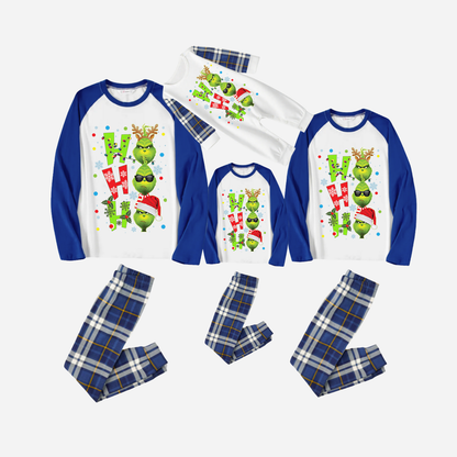 Blue Raglan Top Blue Plaid Christmas Pajamas Set With "ho ho ho" and Christmas Grinch Print