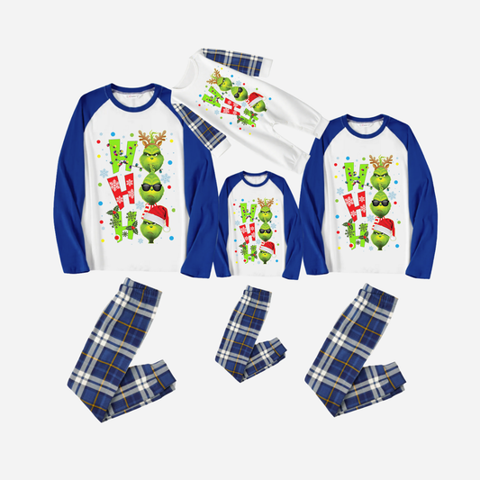 Blue Raglan Top Blue Plaid Christmas Pajamas Set With "ho ho ho" and Christmas Grinch Print