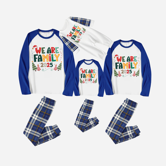 Blue Raglan Top Blue Plaid Christmas Pajamas Set With "We are Family" Colorful Text Print