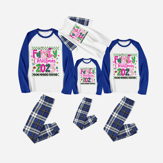 "Family Christmas 2025" Faux Glitter Blue Raglan Sleeves and Blue Plaid Christmas Pajamas Set