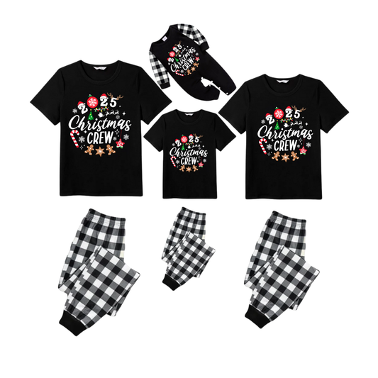 Christmas Crew 2025 Family Pajamas Set - Black Top Black and White Plaid Pants Candy Cane and Cookies Graphic