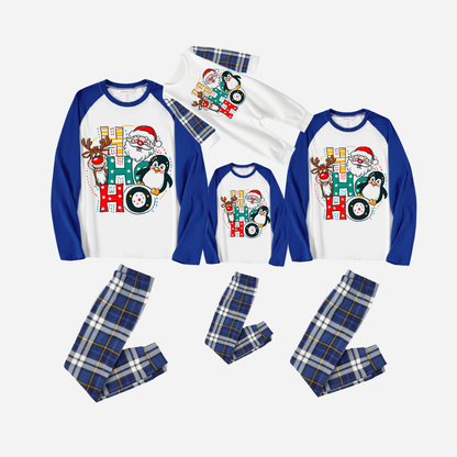 Blue Raglan Top Blue Plaid Christmas Pajamas Set With "HO HO HO" Pattern Print