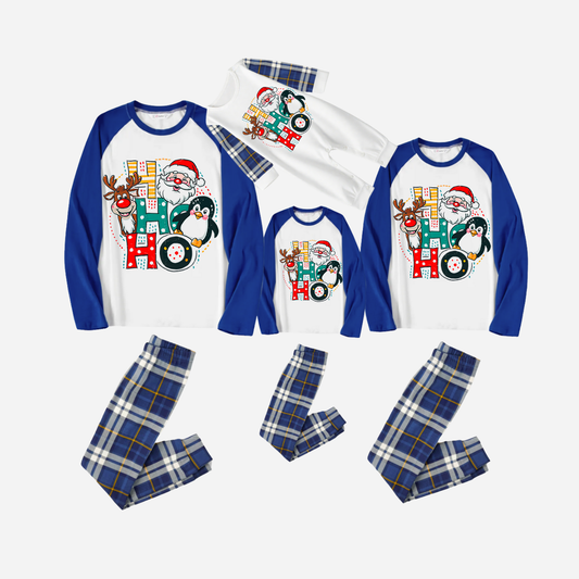 Blue Raglan Top Blue Plaid Christmas Pajamas Set With "HO HO HO" Pattern Print