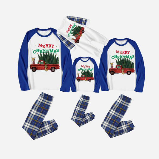 Blue Raglan Top Blue Plaid Christmas Pajamas Set With "Merry Christmas" and Christmas Tree Print