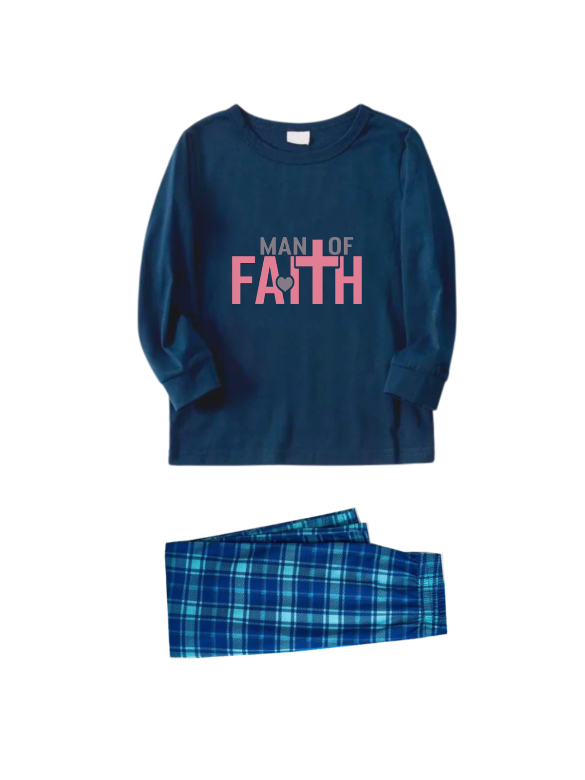 Man Of Faith Pink Letter Printed Blue Plaid Pajamas Set-Matching Holiday Sleepwear